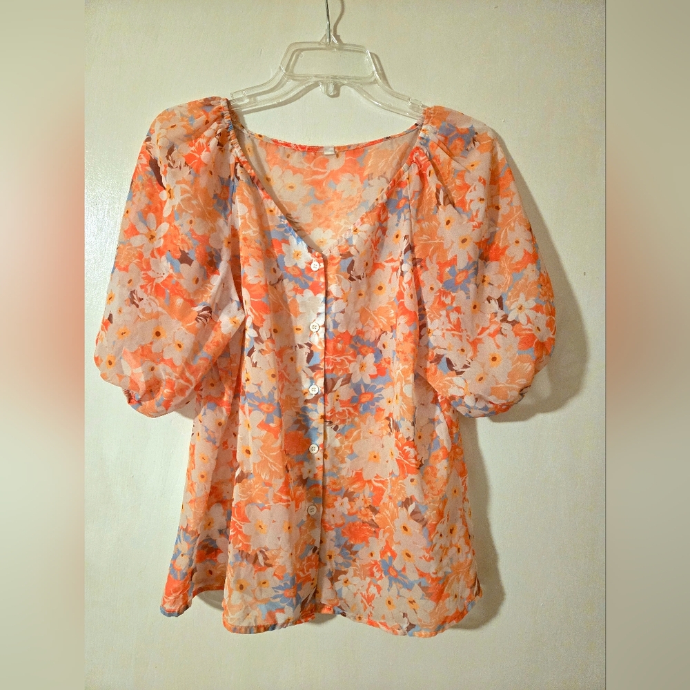 SHEIN Floral Puff Sleeve Blouse - Orange and Blue